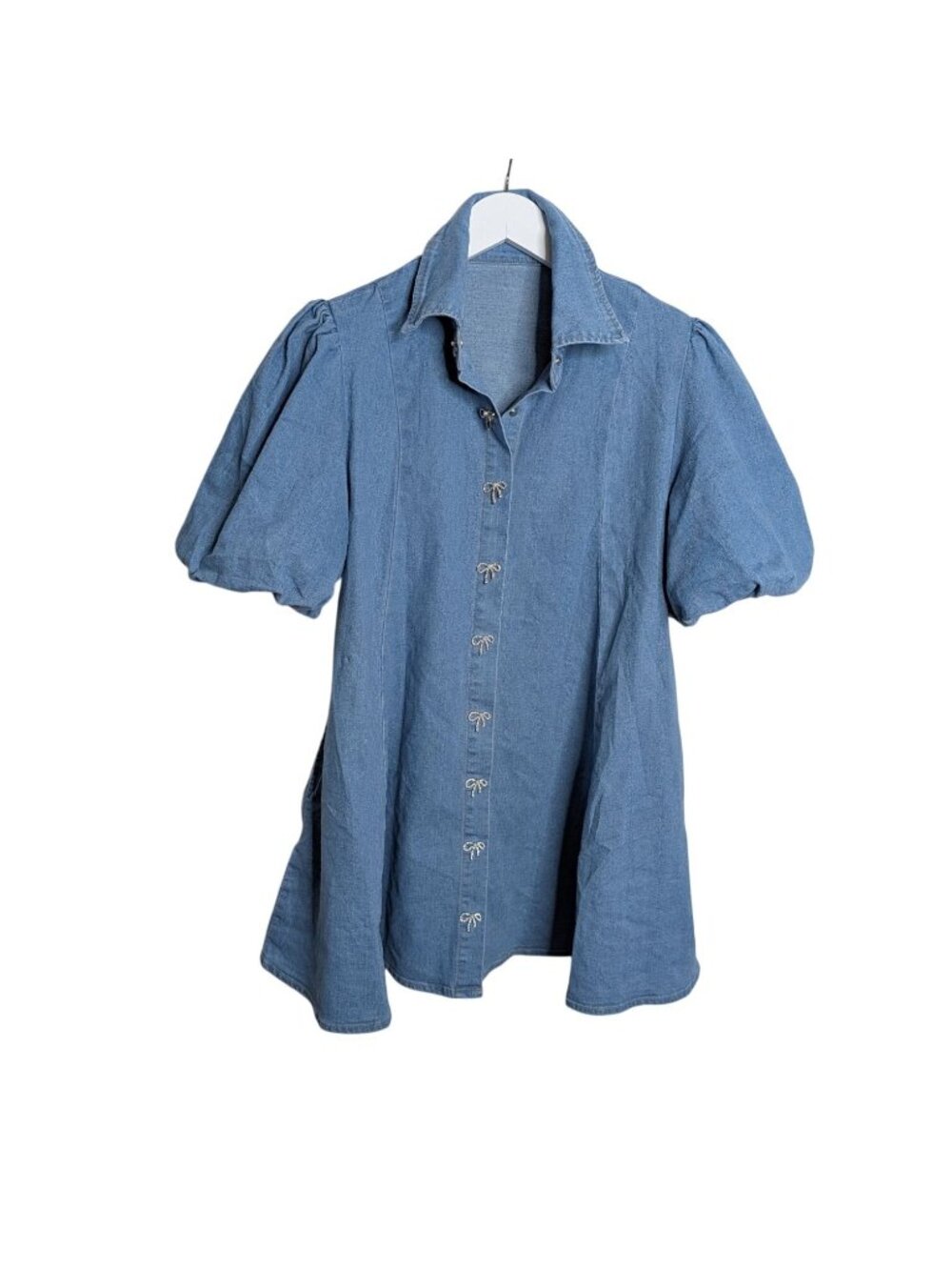 Poliro Denim Baby Doll Dress Sz M With Rhinestone Bow Buttons & Puff Sleeves - Picture 2 of 13